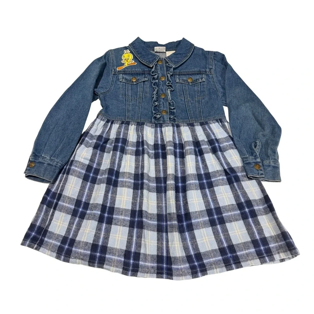 Vintage Looney Tunes Tweety Bird Denim Plaid Dress Kids Size 6X Blue Ruffle 1996